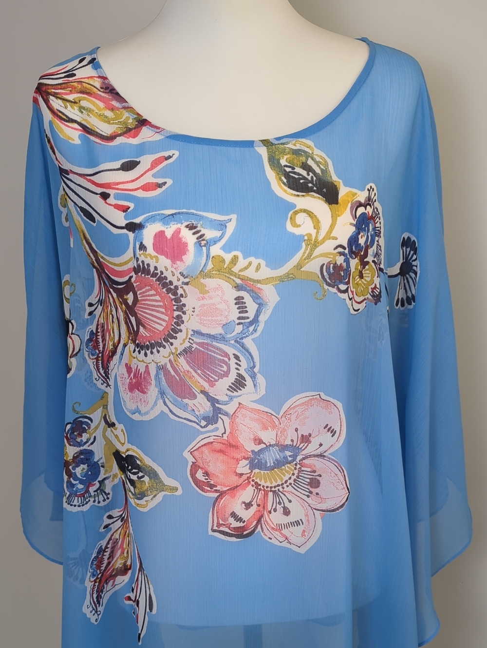 Chico's Watercolor Floral Sheer Poncho Blouse Top Sky Blue L XL - Picture 8 of 14